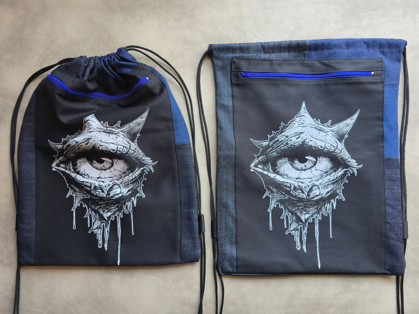 Eye See You Drawstring Backpack | Handmade Screen Printed Bag | Upcycled Denim Backpack