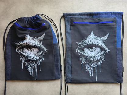 Eye See You Drawstring Backpack | Handmade Screen Printed Bag | Upcycled Denim Backpack