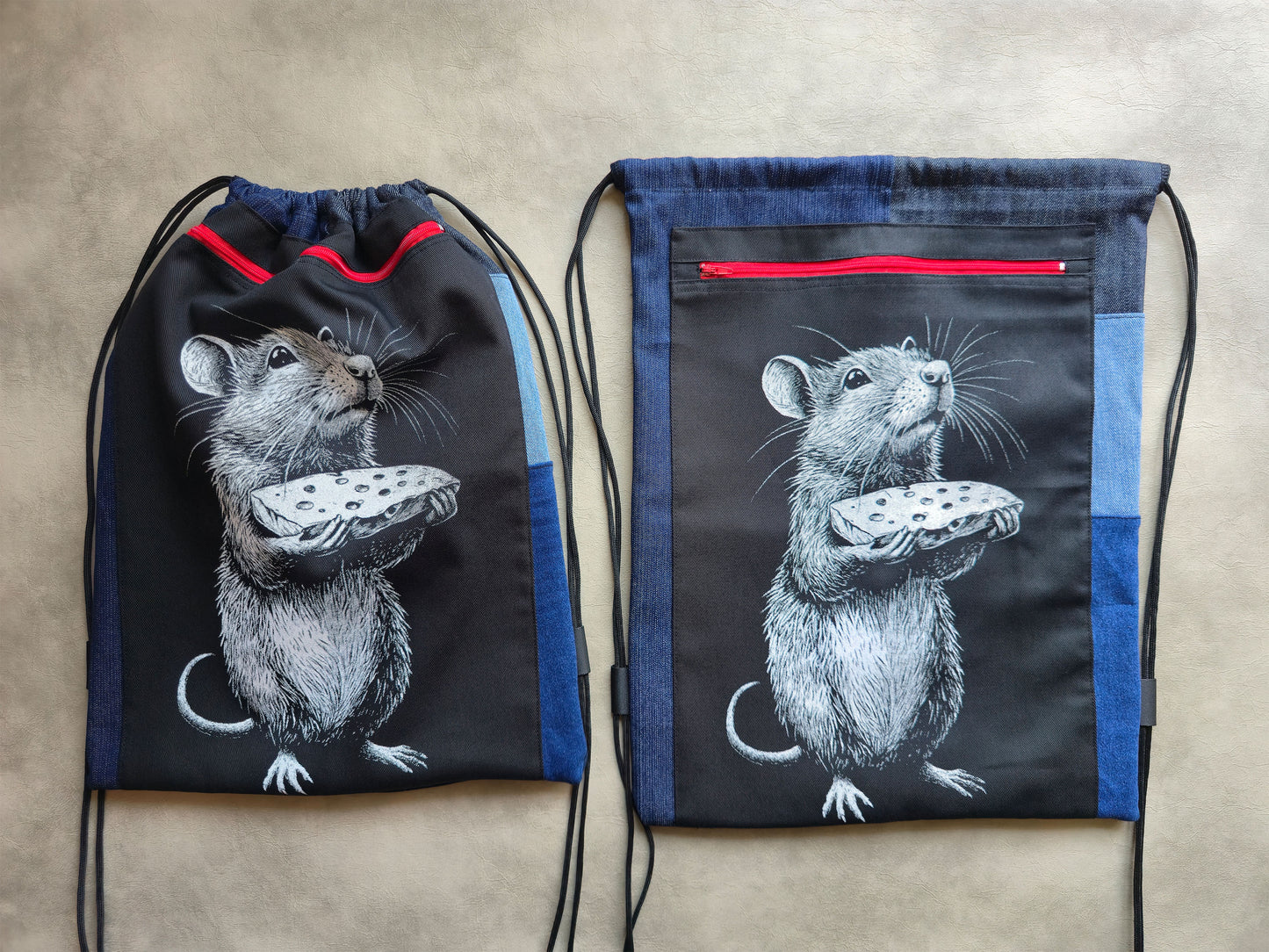 Rat With Cheese Drawstring Backpack | Handmade Screen Printed Bag| Upcycled Denim Backpack