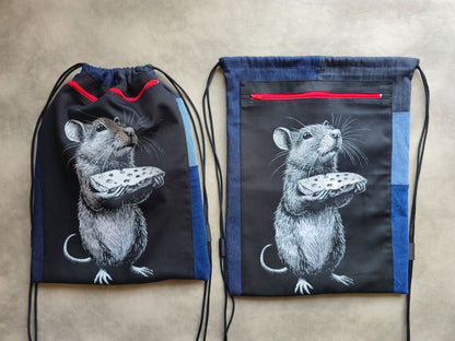 Rat With Cheese Drawstring Backpack | Handmade Screen Printed Bag| Upcycled Denim Backpack