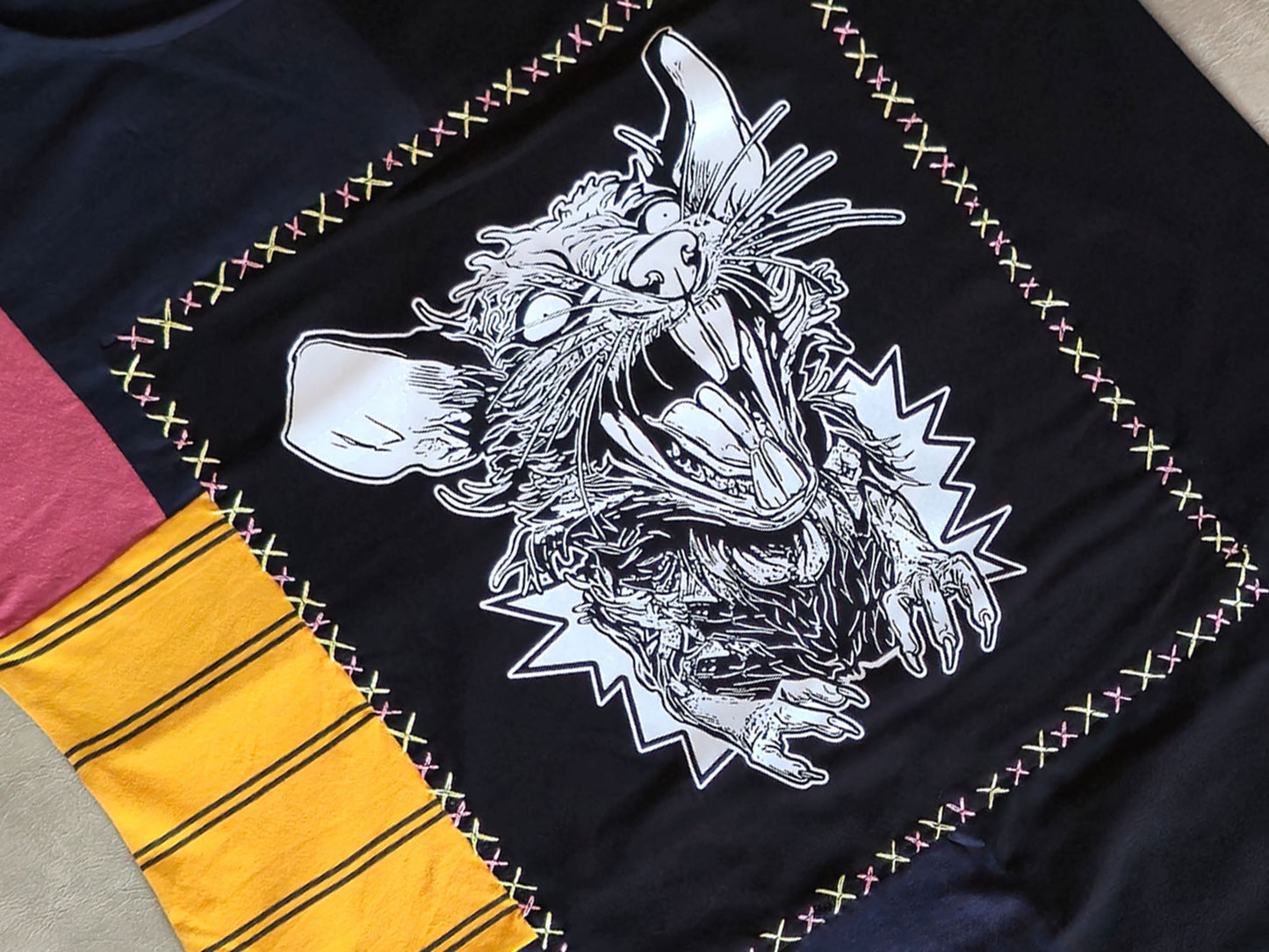 Screaming Rat Patch Dress | Handmade Screen Printed Dress | Zero waste Patchwork Dress