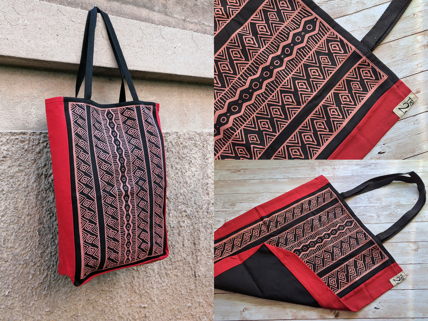 Tribal Pattern Tote Bag | Screen Printed Tote | Handmade Denim Bag