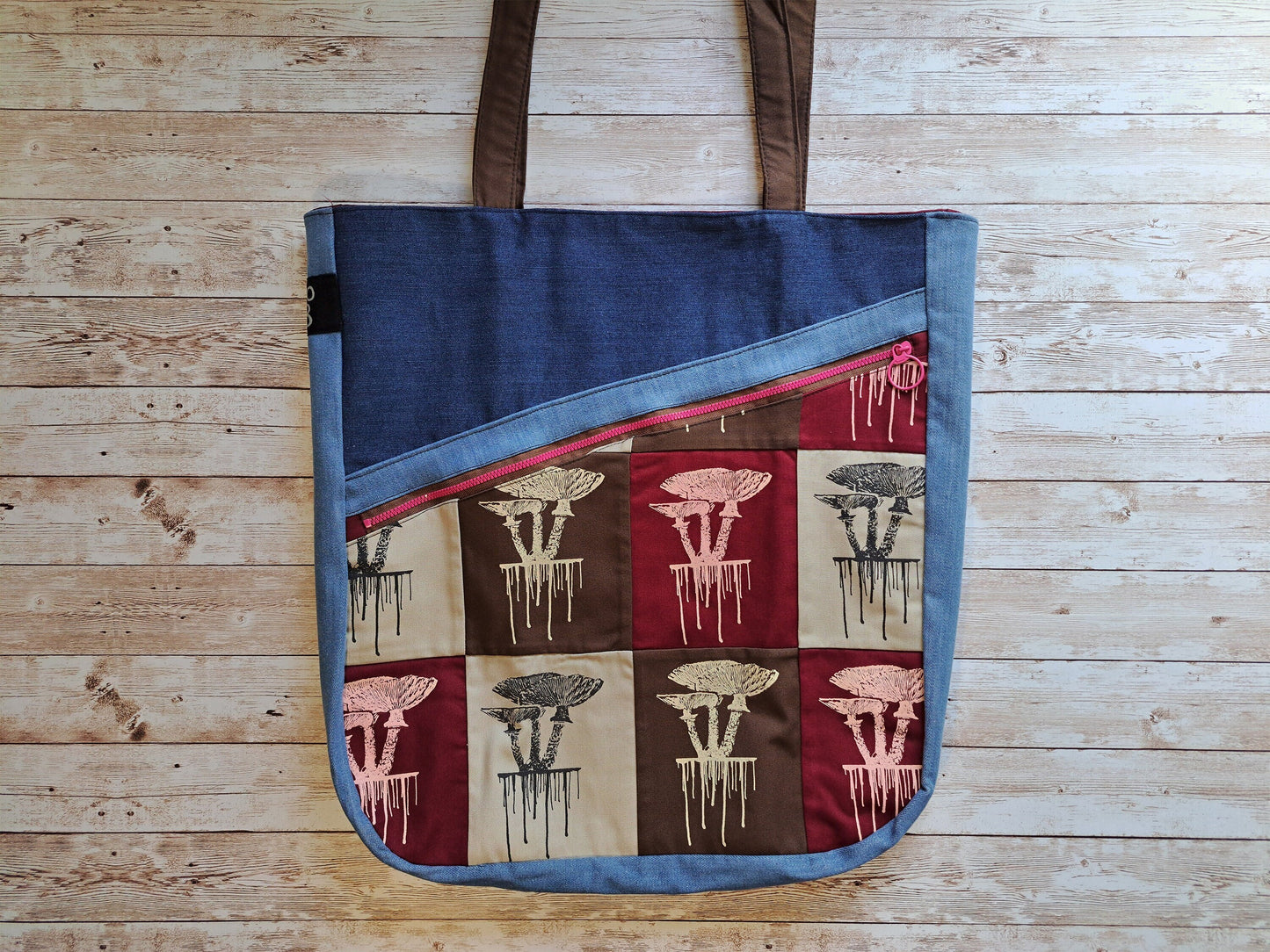 Mushroom Jeans Bag | Patch Shoulder Bag | Screen Printed Shopper