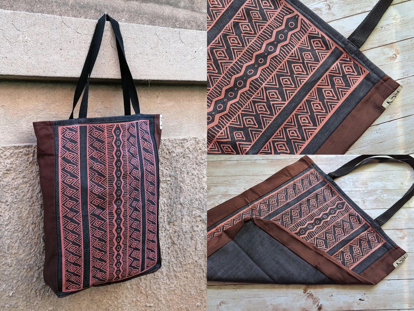 Tribal Pattern Tote Bag | Screen Printed Tote | Handmade Denim Bag