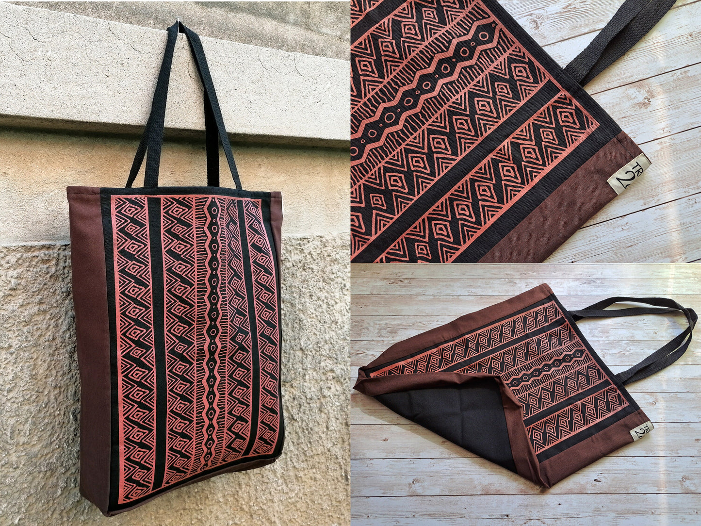 Tribal Pattern Tote Bag | Screen Printed Tote | Handmade Denim Bag