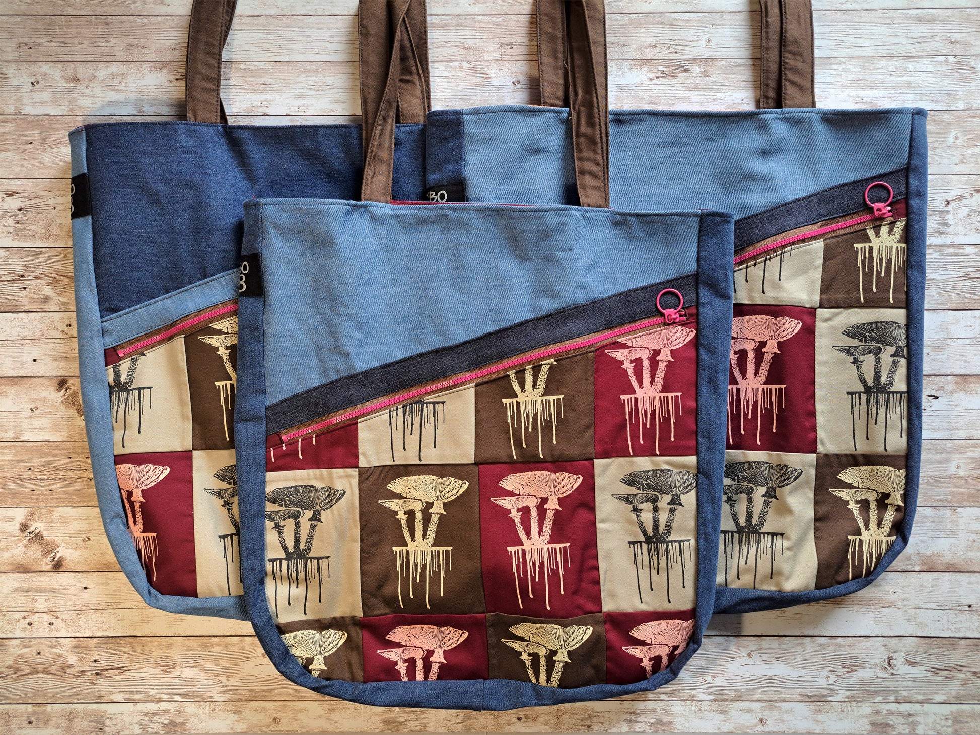 Mushroom Jeans Bag | Patch Shoulder Bag | Screen Printed Shopper