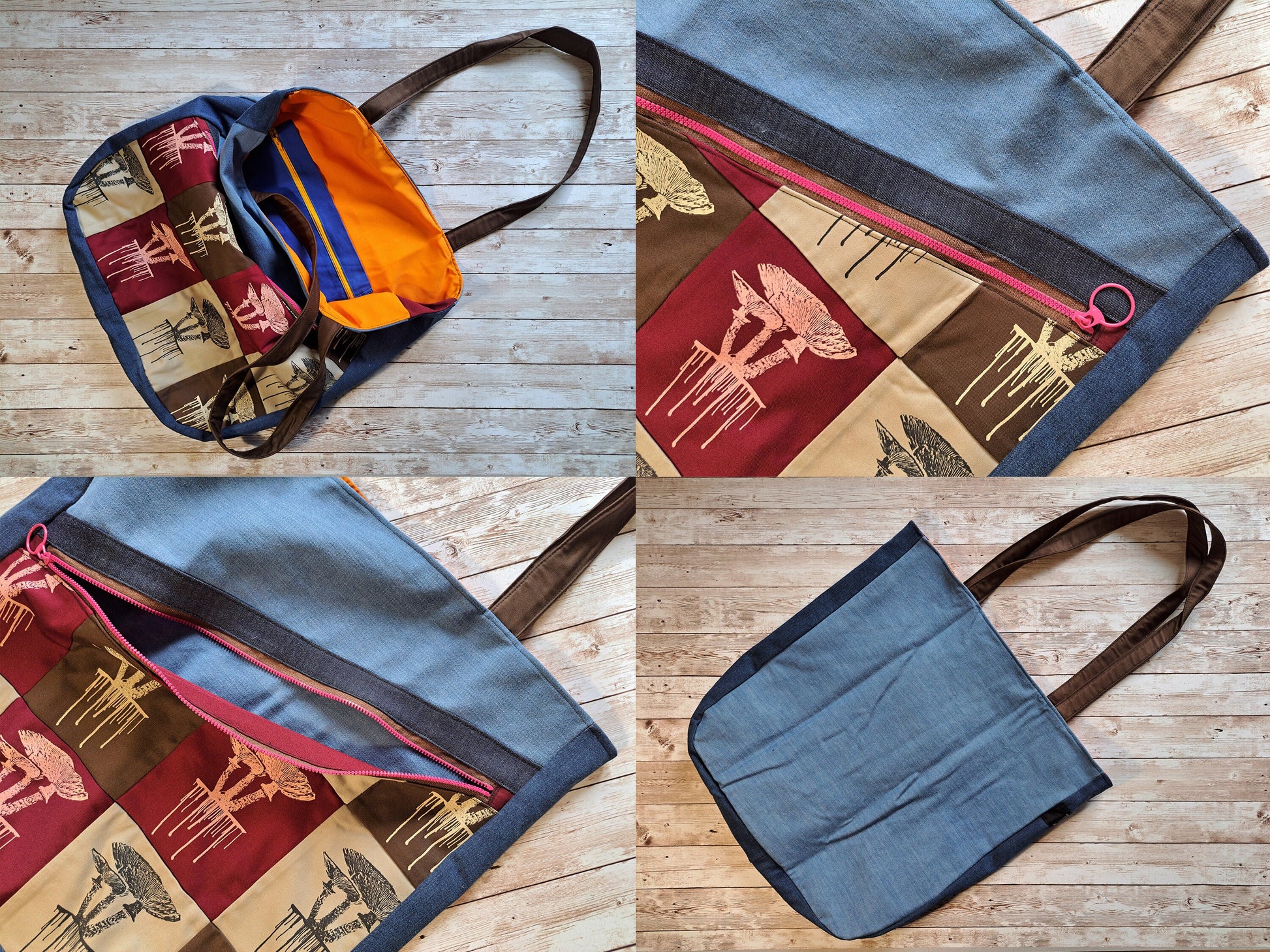 Mushroom Jeans Bag | Patch Shoulder Bag | Screen Printed Shopper