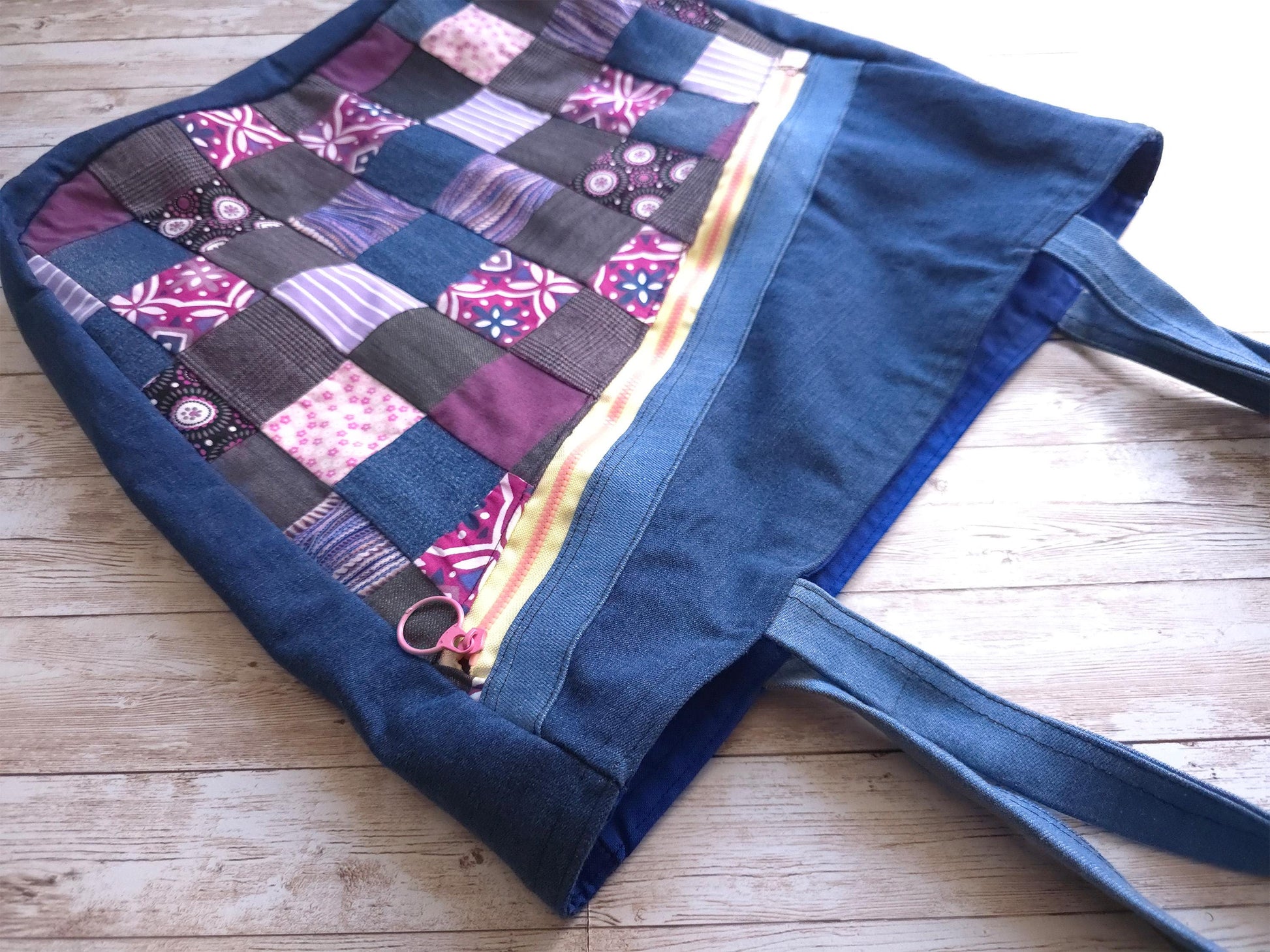 Purple Patchwork Jeans Bag | Handmade Shoulder Bag