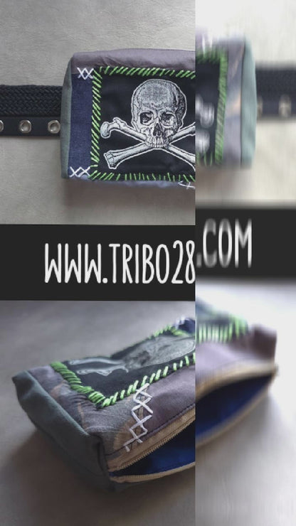 Skull Crossbones Belt Pouch | Handmade Waist Bag | Screen Printed